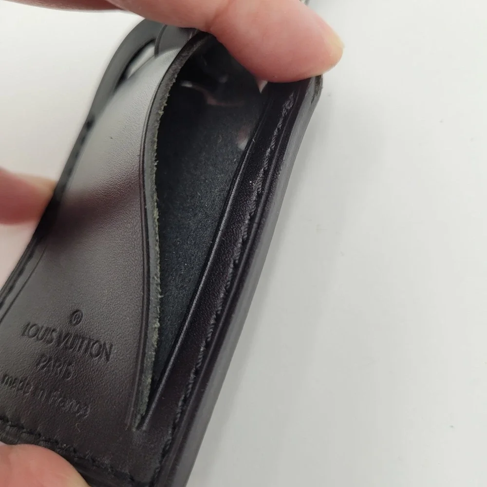 Louis Vuitton Black Leather Luggage Tag Silver Buckle France Travel Accessory